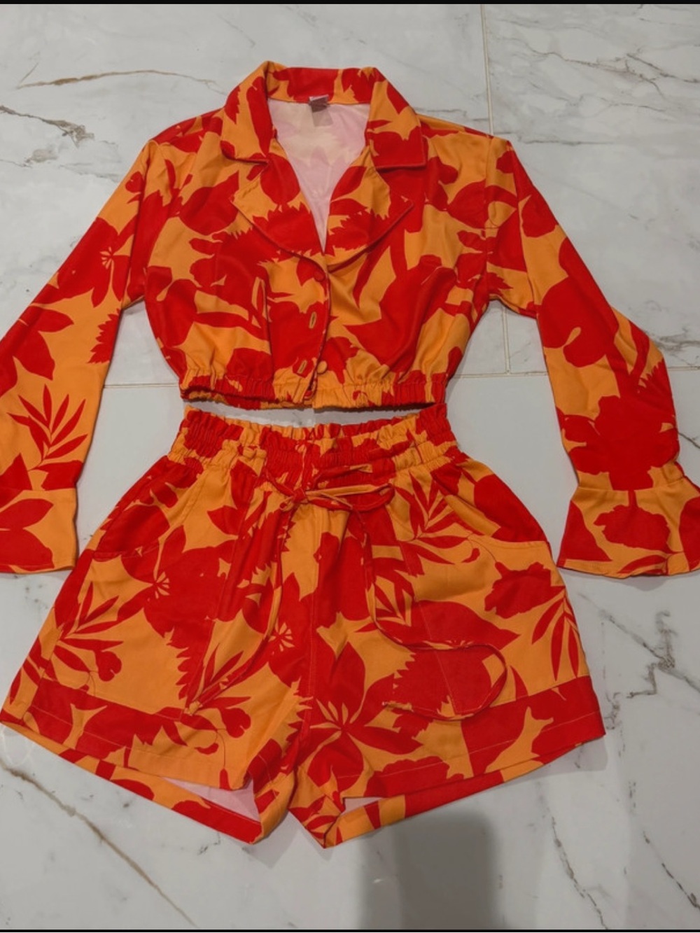 Tropical Two-Piece Crop Top & Shorts Set in Red and Orange